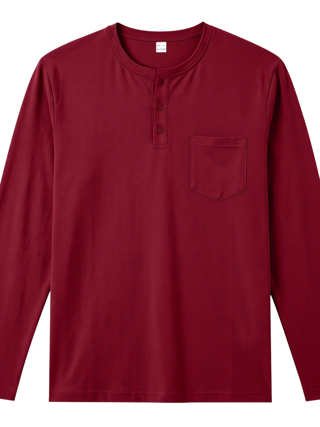 Men's Henley Neck Long Sleeve T-Shirt, Spring/Autumn Three-Button Casual Base Layer, Slim Fit Versatile Top with Left Chest Pocket - Red