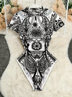 Young Y2K Sheer Floral Print Crew Neck Short Sleeve Rompe - White