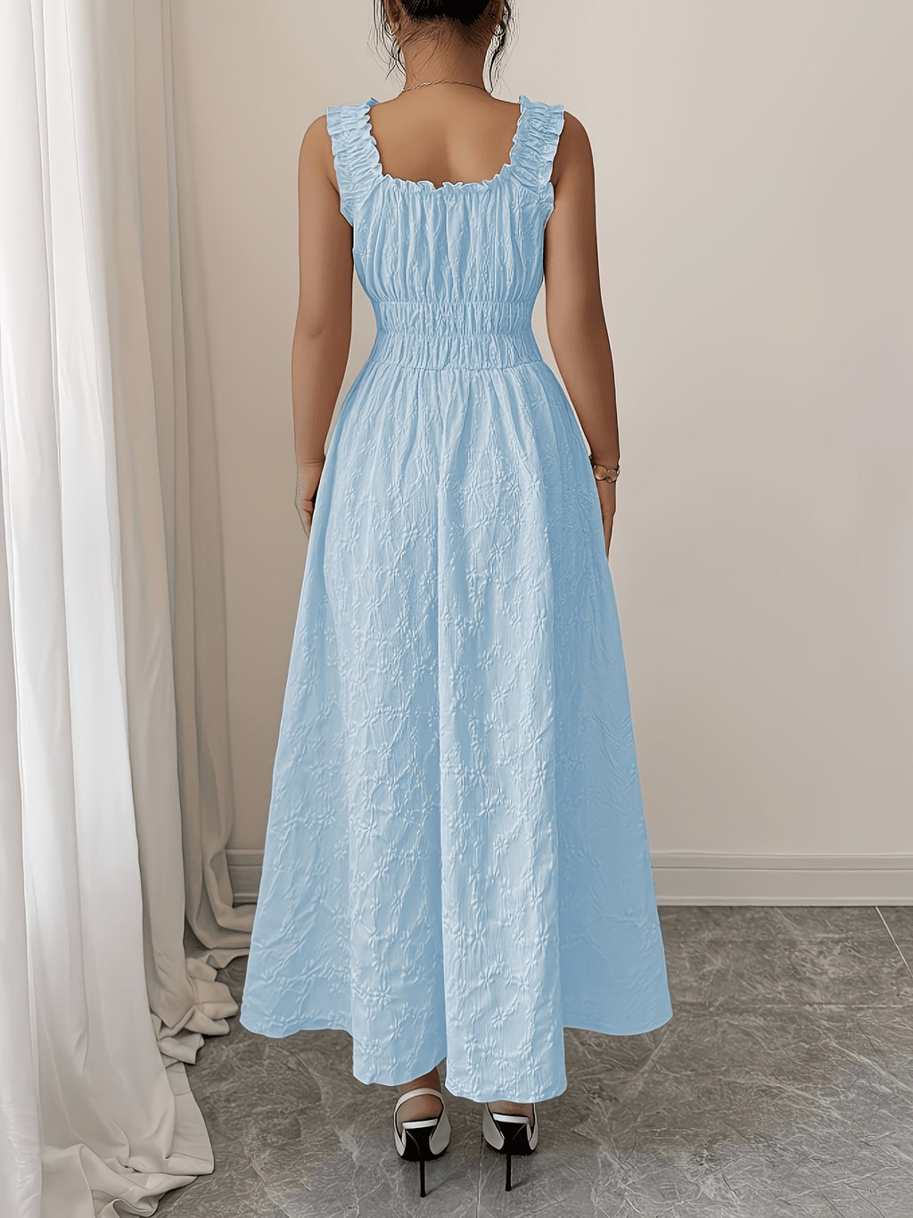 Women'S Spring Summer Solid Color Jacquard Fabric Elegant Long Dress, Made of Floral Textured Fabric, Featuring Thin Straps, Bow Design And Ruched Waist, Presenting a Fashionable, Versatile, Elegant And Exquisite Look - Sky Blue