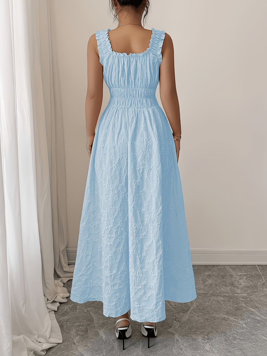 Women'S Spring Summer Solid Color Jacquard Fabric Elegant Long Dress, Made of Floral Textured Fabric, Featuring Thin Straps, Bow Design And Ruched Waist, Presenting a Fashionable, Versatile, Elegant And Exquisite Look - Sky Blue
