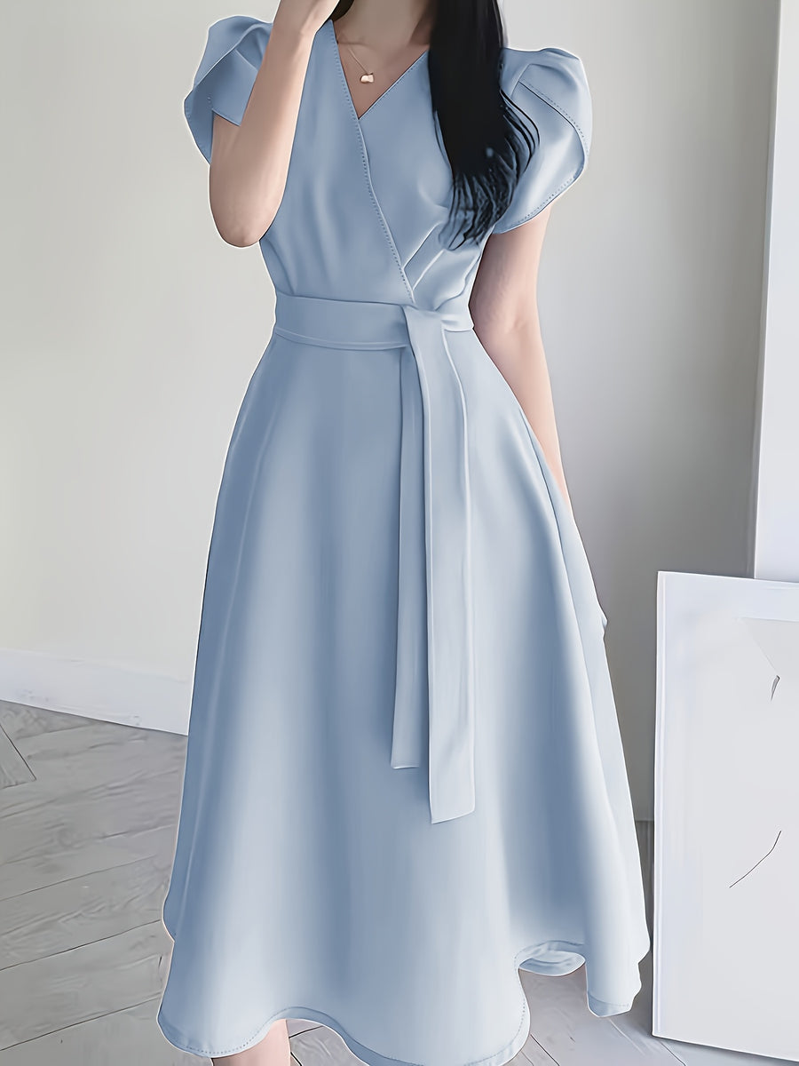 Women'S Belt Dress, Solid Color Loose Elegant Puff Sleeve V-Neck Tie-Waist A-Line Midi Dress - Lightweight Breathable Summer Commute And Party Dress, Suitable for Wedding Guest, Party Or Summer Outfit, Casual Commute - Sky Blue