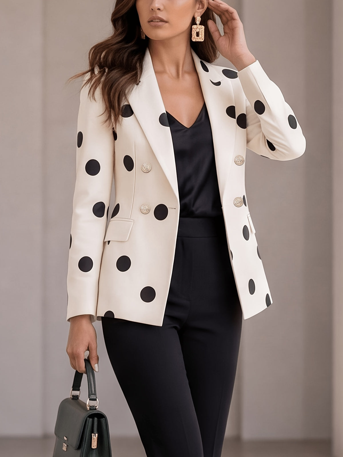 Spring And Autumn Women'S Fashion Temperament Versatile Double Button Large Polka Dot Printed with Lining And Pockets Casual Commuter Jacket - Off-white