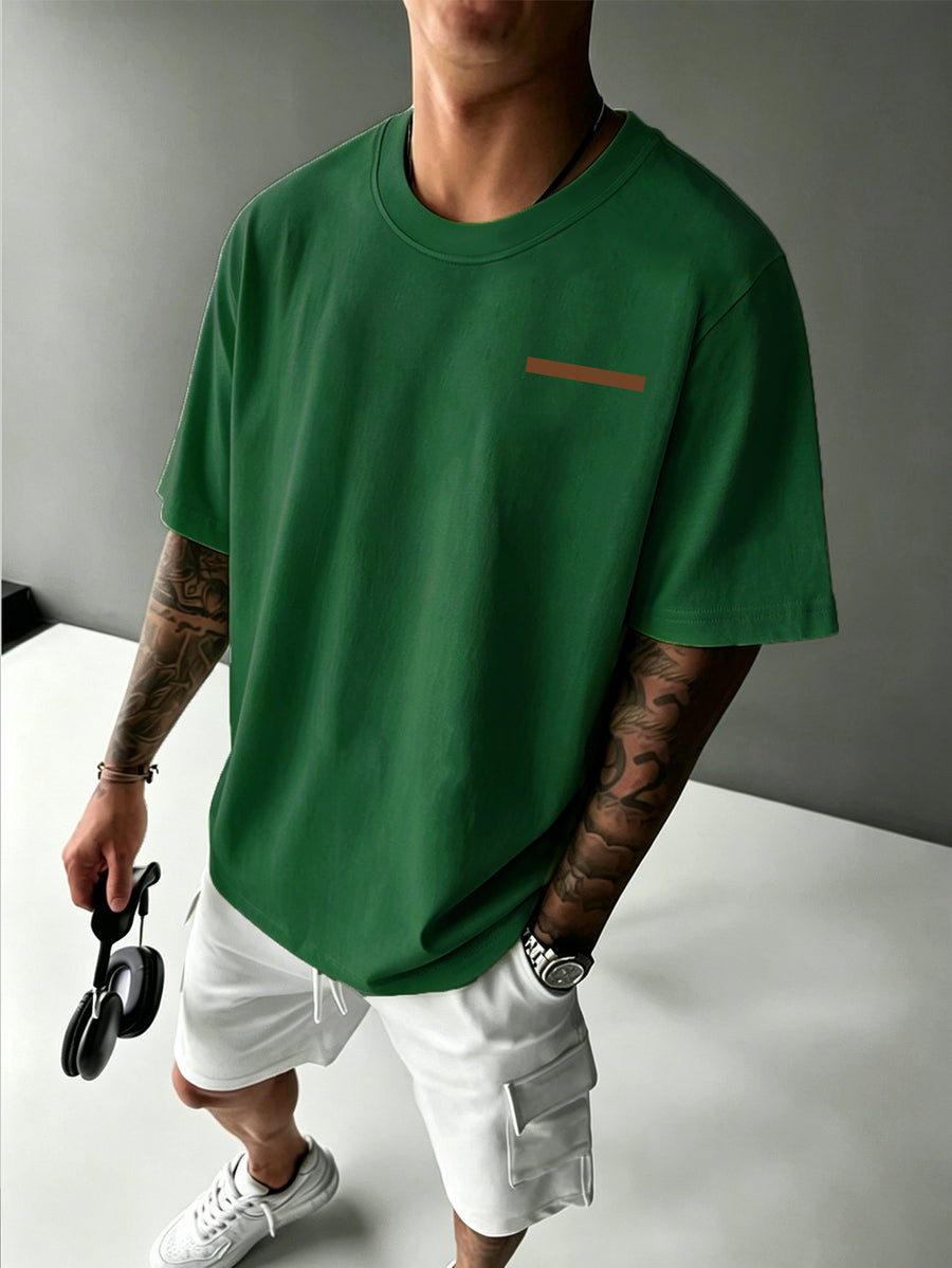 Men's Trendy Short-Sleeve T-Shirt with Minimalist Brown Long Strip Logo Print on the Chest, Crew Neck Top for Daily Wear - Green