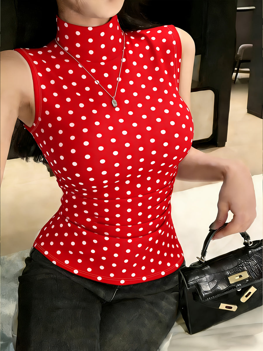 Single Piece Fashion Polka Dot Sleeveless High-Neck Vest, Comfortable And Soft, Suitable for Spring And Summer Festive Wear, Easy Casual Versatile Daily Commute Outfit - Red