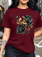 A Stylish And Breathable T-Shirt Featuring a Luxurious Vintage Design with a Black And Golden Rose Pattern, Perfect for Family Trips, Campus Events, Casual, Daily Commutes, Matching Outfits for Sisters, And Versatile Wear - Red