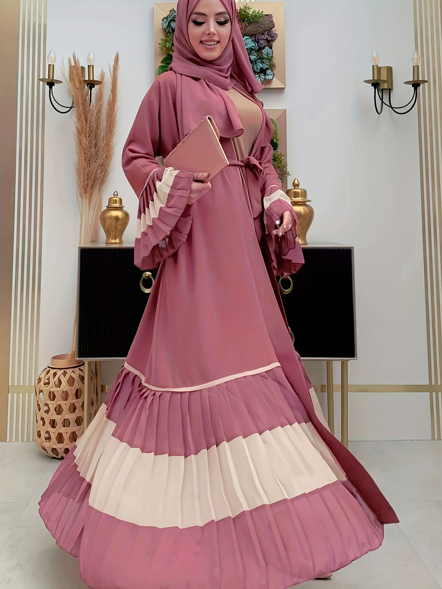Ramadan 2025 Middle East Cross-border Women's Casual Color-block Pleated Muslim Abaya Open Cardigan - The color of rouge