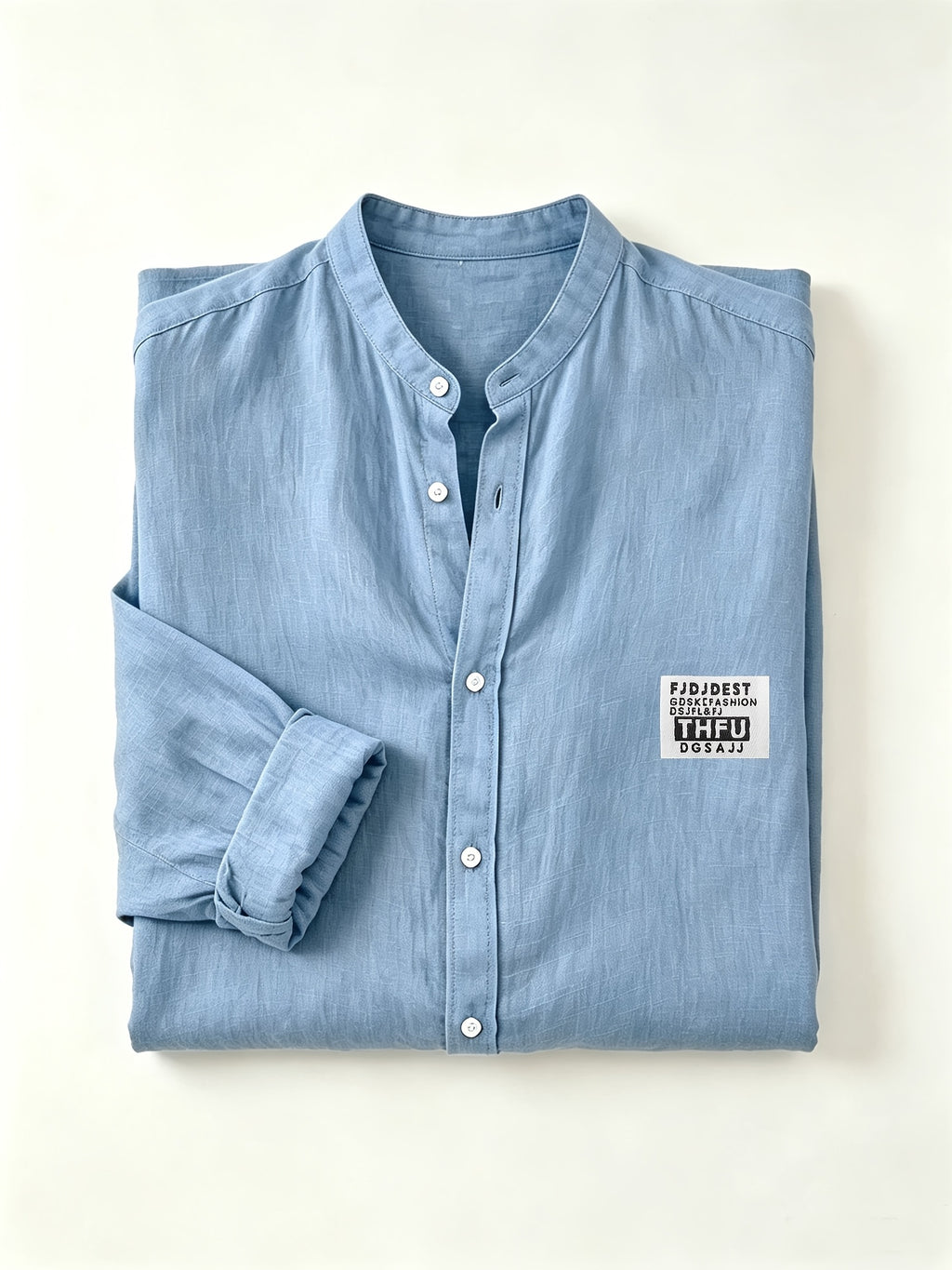 Men's Linen Long-sleeve Shirt, Small Stand-up Collar Button- Casual Shirt, Solid Color Simple and Versatile Style, Suitable for Spring and Autumn Outdoor Activities, Travel and Vacation, and Daily Commuting Wear - Sky Blue