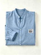 Men's Linen Long-sleeve Shirt, Small Stand-up Collar Button- Casual Shirt, Solid Color Simple and Versatile Style, Suitable for Spring and Autumn Outdoor Activities, Travel and Vacation, and Daily Commuting Wear - Sky Blue