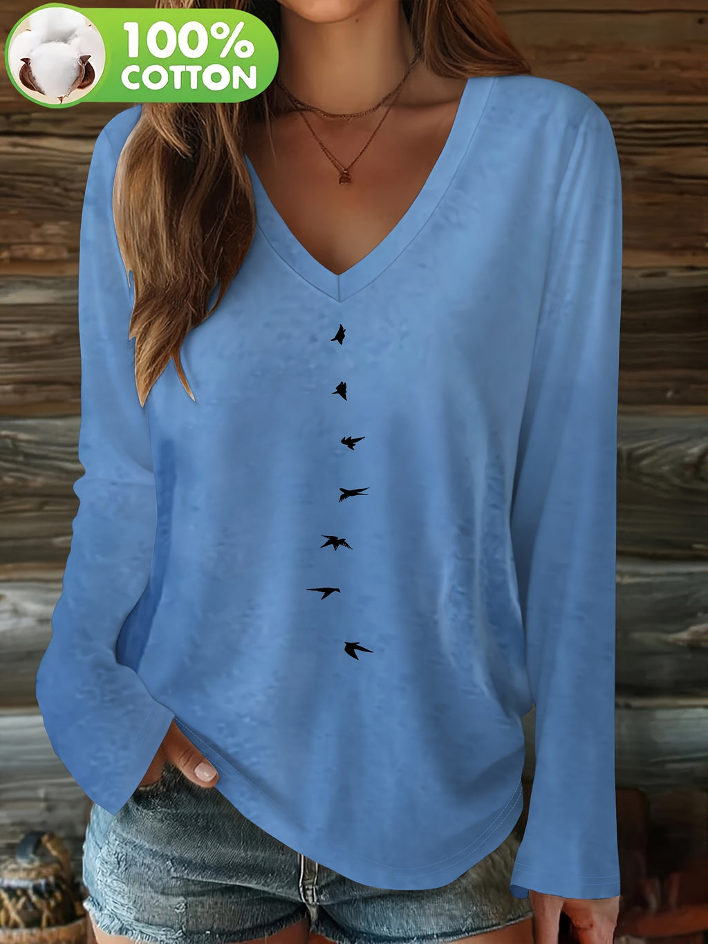 Women'S V-Neck Long Sleeve T-Shirt Made of Pure, Featuring a Printed Design That Flatters The Figure And Is Versatile for Various Outfits - Blue