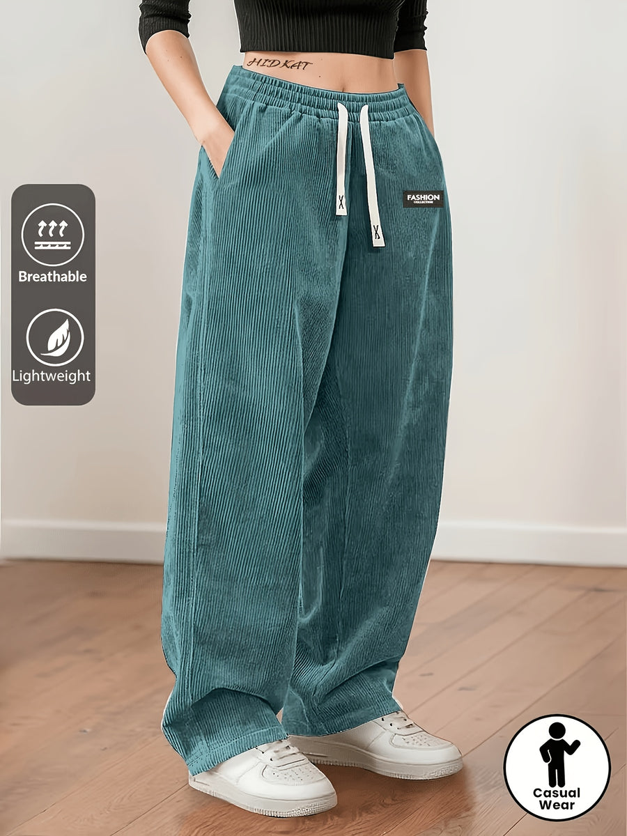 Women's Corduroy Pants - Elastic Waist Corduroy Trousers with Drawstring, Straight-Leg Lightweight Corduroy Pants Suitable for Casual Daily Wear, Dates & Outdoor Activities, Spring/Autumn Solid Color Pants (Hand Washable) - Peacock Blue