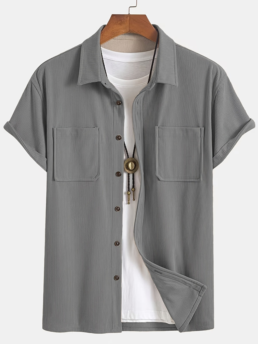 Summer Men'S Solid Color Pinstripe Corduroy Shirt, Lapel Double Pocket Design Loose All-Match Short Sleeve Shirt Jacket - Grey