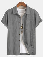 [Textured Corduroy] Men'S Short-Sleeved Shirt Double Pocket Loose Slimming Commuter Jacket - Grey
