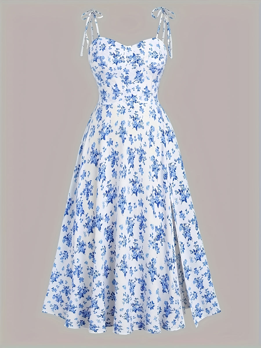 Fashionable Women'S Floral A-Line Dress with a Split Hem, Thin Shoulder Straps, And a Bow Tie Detail - Mix Color Blue And White