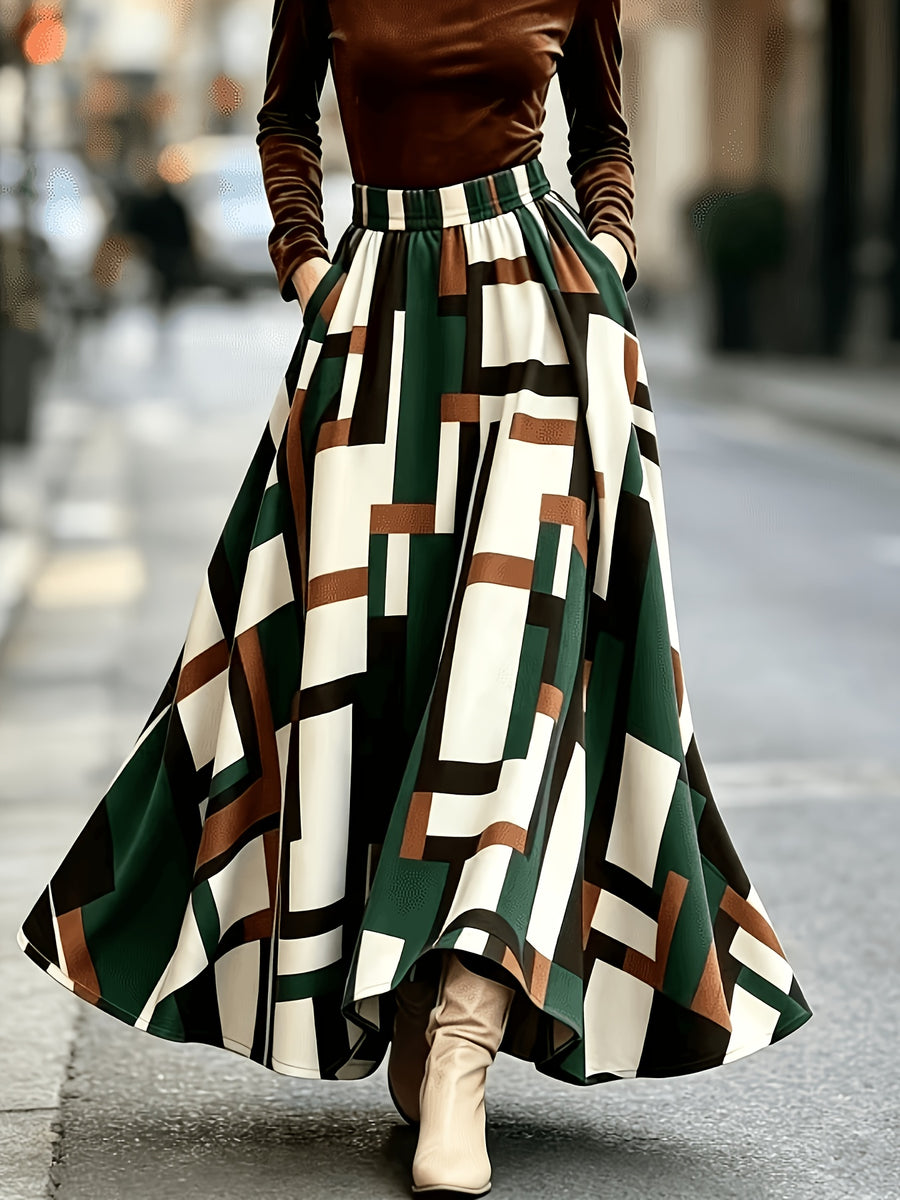 Women'S High-Waist A-Line Loose-Fit Elegant Casual Versatile Geometric Pattern Floral Waist Tie-Bow Belt Design Long Midi Skirt for All Seasons - Green