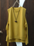 Women'S Spring Autumn Casual Fashion Niche Chic Vintage Easy Solid Round Neck Vest Sleeveless Side Slit Tie-Up Short Front Long Back Design Temperament Daily Versatile Quality Premium Gentle Elegant Loose Lazy Style Outerwear Sleeveless Camisole Top - ginger-colored