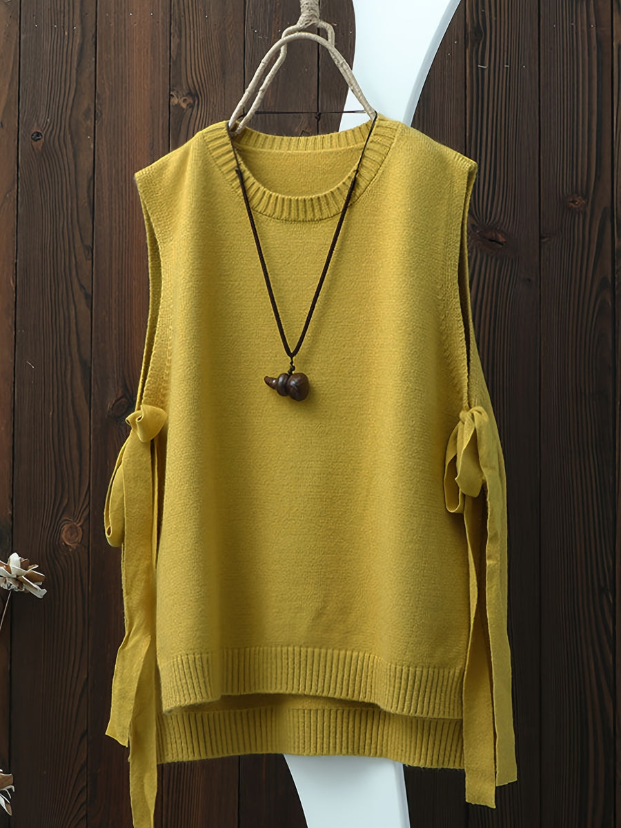 Women'S Spring Autumn Casual Fashion Niche Chic Vintage Easy Solid Round Neck Vest Sleeveless Side Slit Tie-Up Short Front Long Back Design Temperament Daily Versatile Quality Premium Gentle Elegant Loose Lazy Style Outerwear Sleeveless Camisole Top - ginger-colored