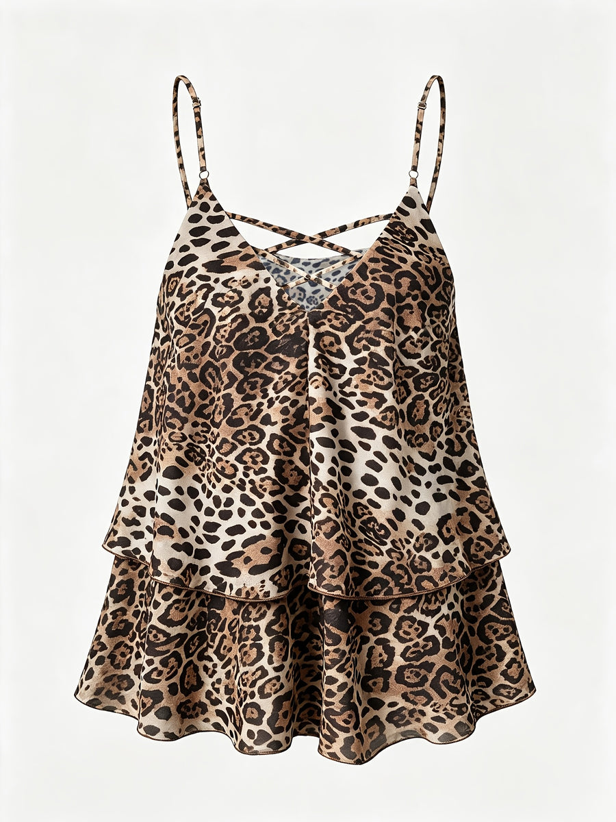 2026 New Black And White Polka Dot Spaghetti Strap Cami, Double-Layer Flowing Skirt Hem, Vacation Style Top, Lazy Style Polka Dot Chiffon Cami, Double-Layer A-Line Fit, Versatile Casual Date Sleeveless Top - Leopard Print