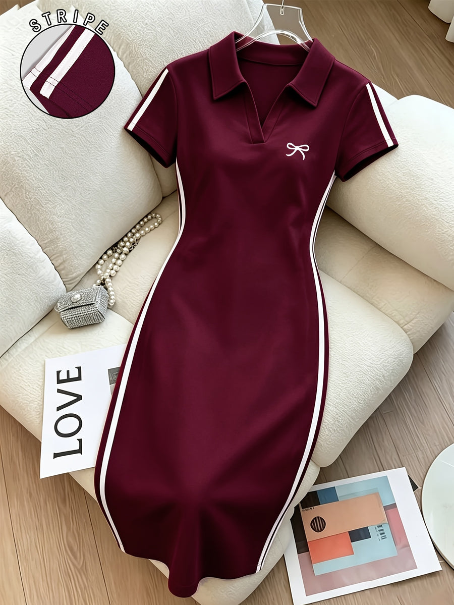 Ladies Bow Print Side Stripe Polo Collar Dress, Slim Fit Hip Wrap Dress for Summer - Burgundy