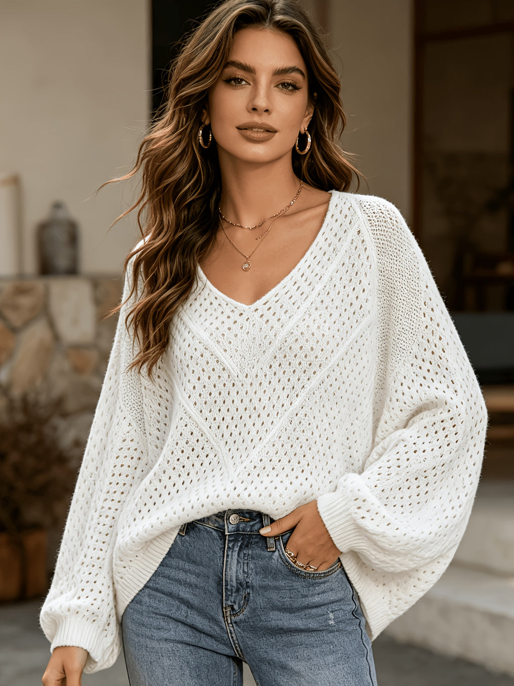 Women's Pullover V-Neck Soft Sweater, Loose Hollow-Out Top, Gentle Style Top, Fashionable, Soft Fabric, Versatile Long-Sleeve Batwing Shirt, Breathable Cover-Up - White