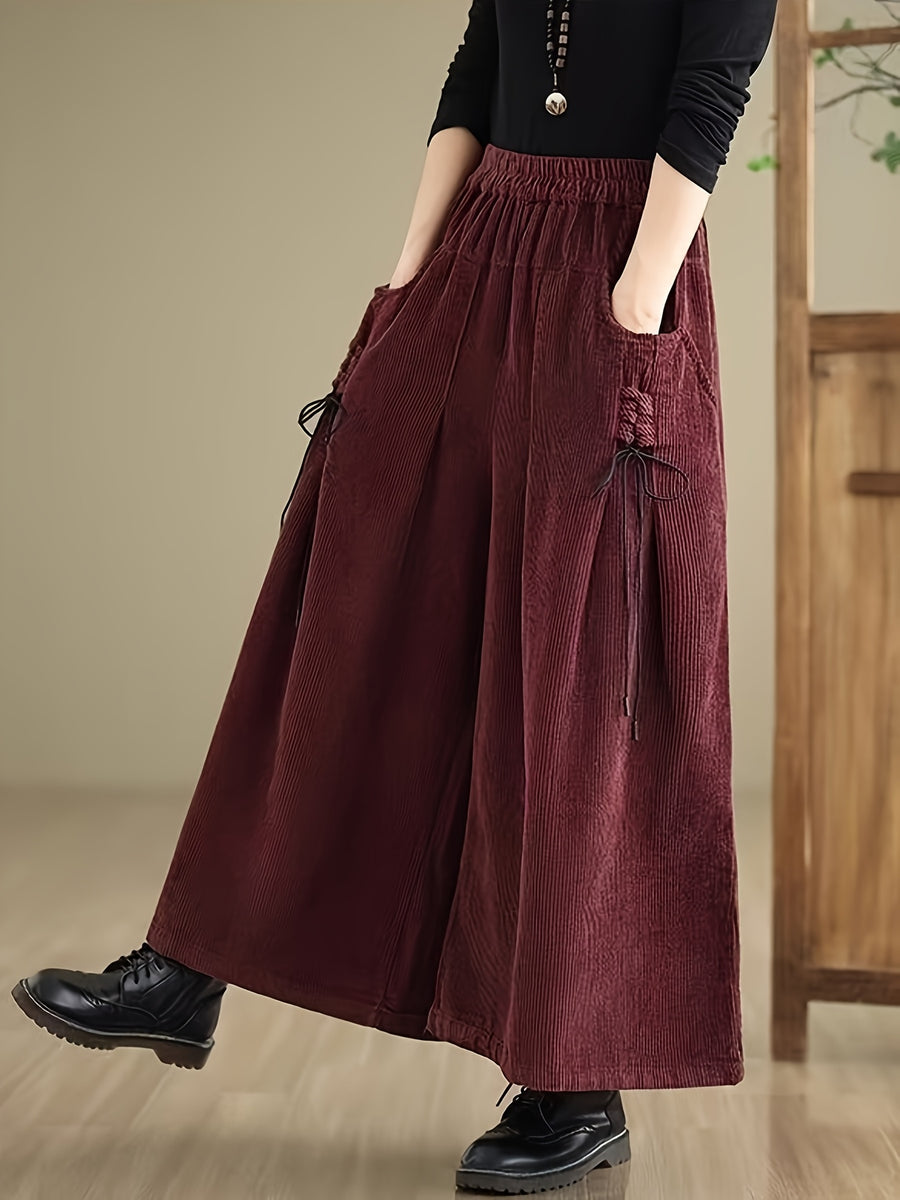 Corduroy Wide-Leg Pants with Elastic Corduroy Waist (Suitable for Body Types) - Solid Color Casual Trousers, Machine Washable,, Corduroy Pants for Casual Attire - Burgundy