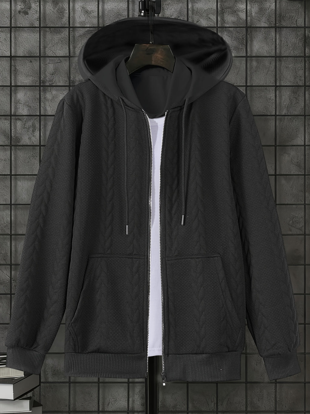1pc Men'S Casual Knit Thick Hooded Shirt | Premium Soft Texture Skin-Friendly Fabric | Full Zipper Closure Design | Ribbed Cuff Design | Geometric Pattern Jacquard Texture | Loose Comfortable Fit | Soft Skin-Friendly Comfortable Warm | Indoor Office - Black