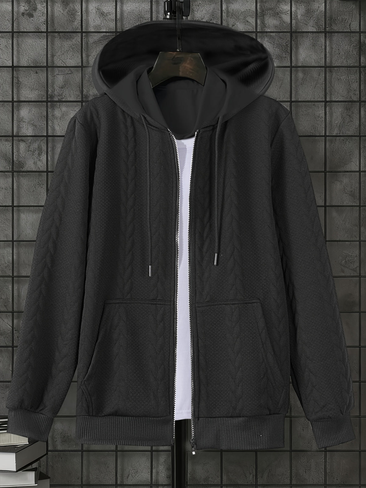 1pc Men'S Casual Knit Thick Hooded Shirt | Premium Soft Texture Skin-Friendly Fabric | Full Zipper Closure Design | Ribbed Cuff Design | Geometric Pattern Jacquard Texture | Loose Comfortable Fit | Soft Skin-Friendly Comfortable Warm | Indoor Office - Black