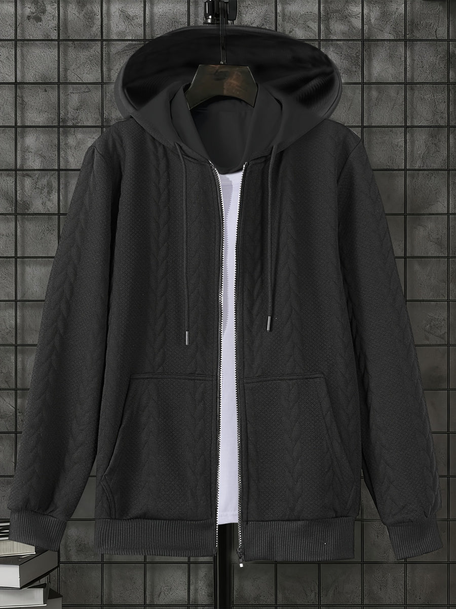 1pc Men'S Casual Knit Thick Hooded Shirt | Premium Soft Texture Skin-Friendly Fabric | Full Zipper Closure Design | Ribbed Cuff Design | Geometric Pattern Jacquard Texture | Loose Comfortable Fit | Soft Skin-Friendly Comfortable Warm | Indoor Office - Black