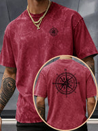 Short Sleeve Top, Washed Distressed Loose Round Neck T-Shirt, Double-Sided Compass And Needle Trendy Print, Casual Styling American Street High Street Hip-Hop Couple Style Daily Outing Commute Statement Sports Fitness All-Match Top - Burgundy