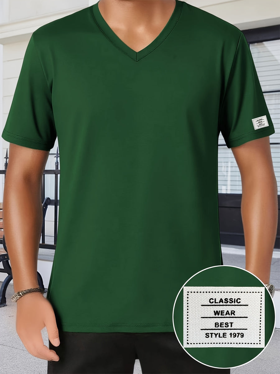 Men'S Patchwork V-Neck Short Sleeve T-Shirt, Suitable for Summer Outdoor Casual Wear, Casual Versatile Knit Top - Dark Green