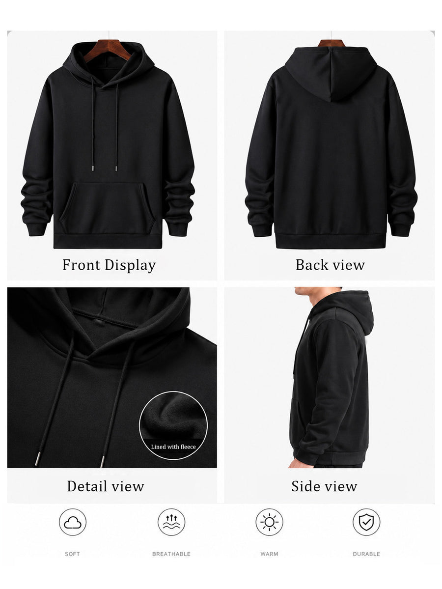 Men's Oversized Hooded Sweatshirt with NO Contrast Color Bold Letter Print, European and American Street Style Casual Sweatshirt - Black