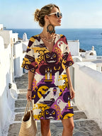 Geometric Color-block Halloween-themed Print V-neck Dress, Featuring Playful Patterns of Crows, Ghosts, and Bats. Loose Fit with Dropped Shoulders and Short Sleeves for a Relaxed, Laid-back Look. Rich Color Layering Makes It a Standout for Festive - Mixed colors