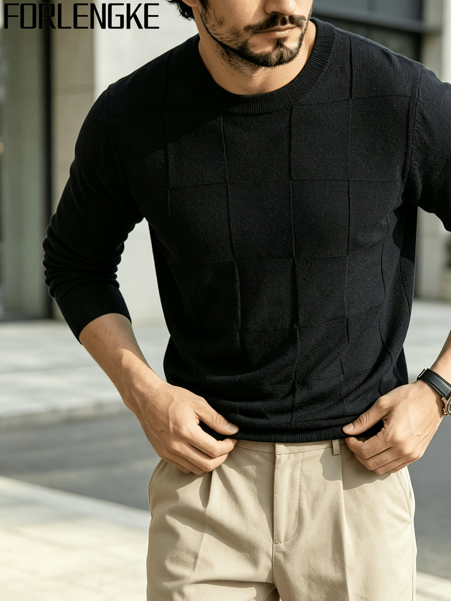 FORLENGKE Stylish Elegant Men'S Business Casual Grid Textured Crew Neck Knit Sweater, Soft Warm Long Sleeve Pullover for Fall Winter Office Daily Wear - Black