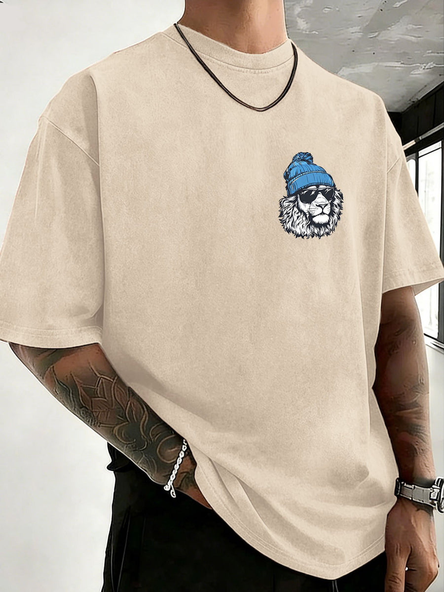 Men's Heavyweight Washed Distressed Loose-Fit Short-Sleeve T-Shirt with Reversible Print, Available in 12 Colors for Mix & Match, National Trend Y2K Style for Daily Commuting, Sports, Fitness, Couples, Streetwear, and Outings - Apricot