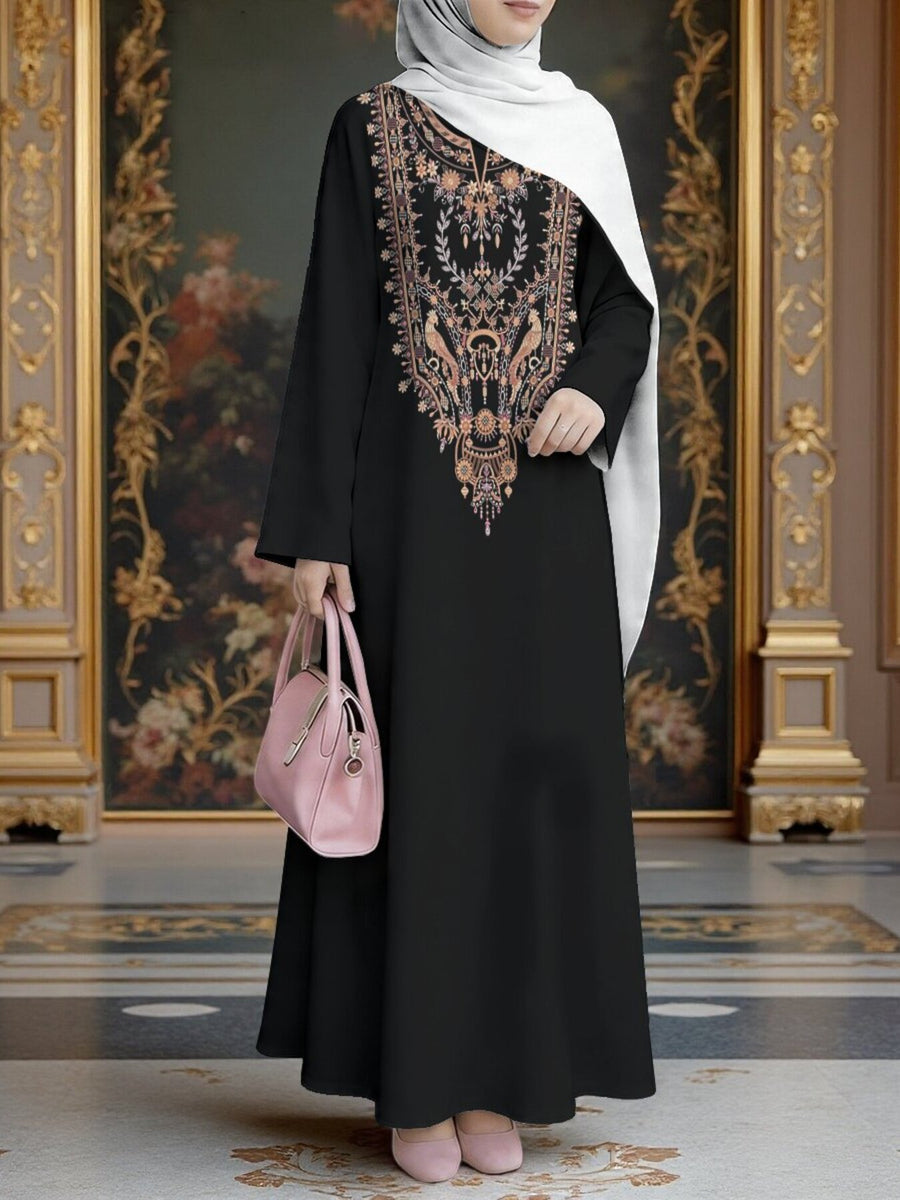 Women'S Hot Middle Eastern Style Muslim Elegant Robe, Black Base Retro Ethnic Print Long Dress, Easy Straight Long Sleeve Cut, for Prayer, Banquet, And Outings, Quality Flowing Non-Embroidered Craft - Mixed colors