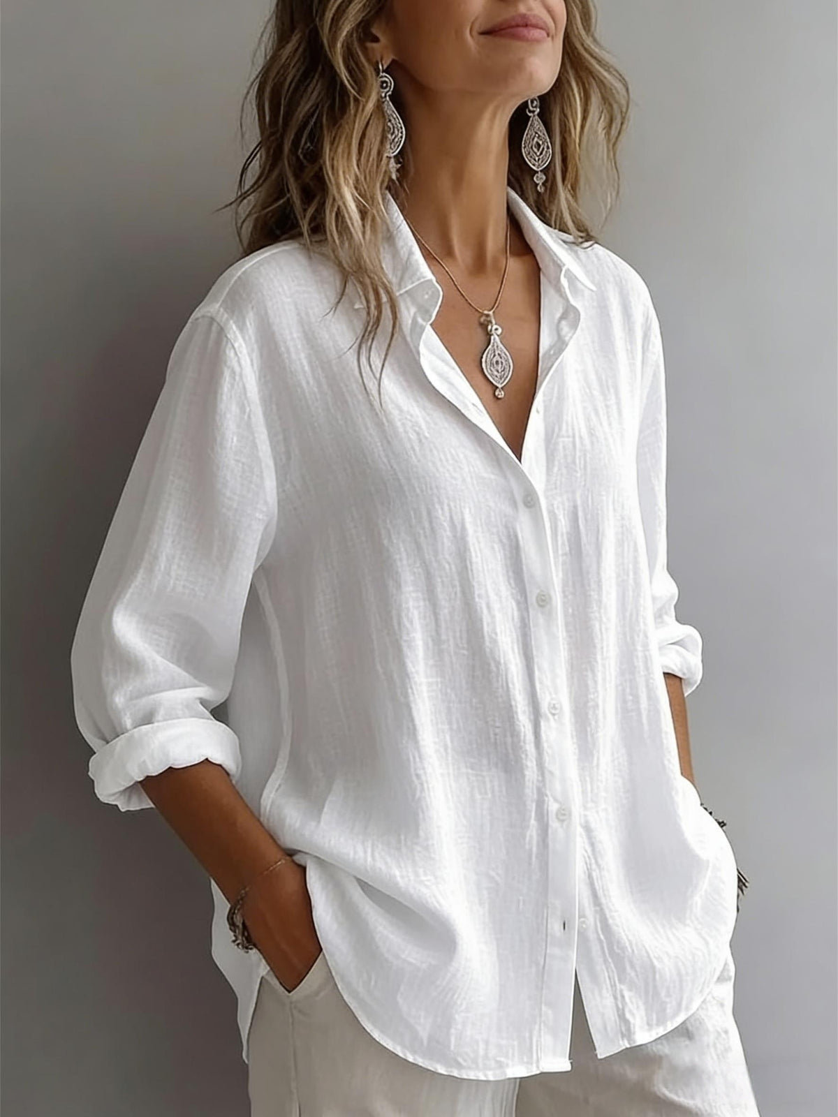 Women's Elegant Lapel Shirt, Loose Straight Fit with Long Sleeves, Lightweight, Comfortable, and Breathable Fabric, Versatile for Commuting and Casual Wear, Loose Straight Cut Flattering Design, Daily Comfortable and Relaxed Style - White