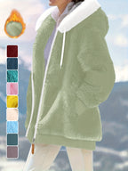 Ladies Autumn Winter Relaxed Cut Plush Hooded Outercoat, Contrast Color Trim Zip Front Warm Lined Jacket, Ribbed Cuff Windproof Casual Outerwear for Daily Commuting and Cold Season Everyday Styling - Ocean Green