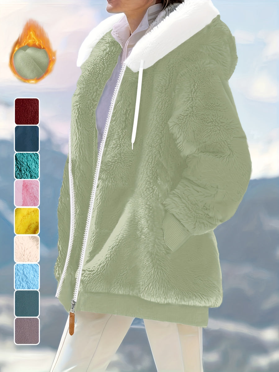 Ladies Autumn Winter Relaxed Cut Plush Hooded Outercoat, Contrast Color Trim Zip Front Warm Lined Jacket, Ribbed Cuff Windproof Casual Outerwear for Daily Commuting and Cold Season Everyday Styling - Ocean Green