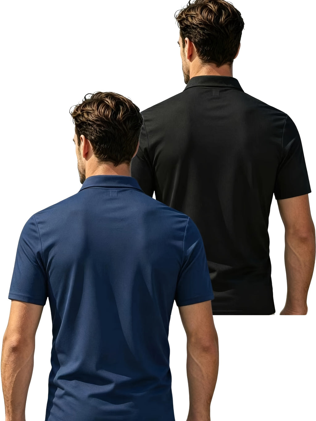 2pcs Men'S Short Sleeve Casual Athletic Polo Shirt Set, Zipper Collar, Comfortable And Breathable, Original Design - Navy blue and black