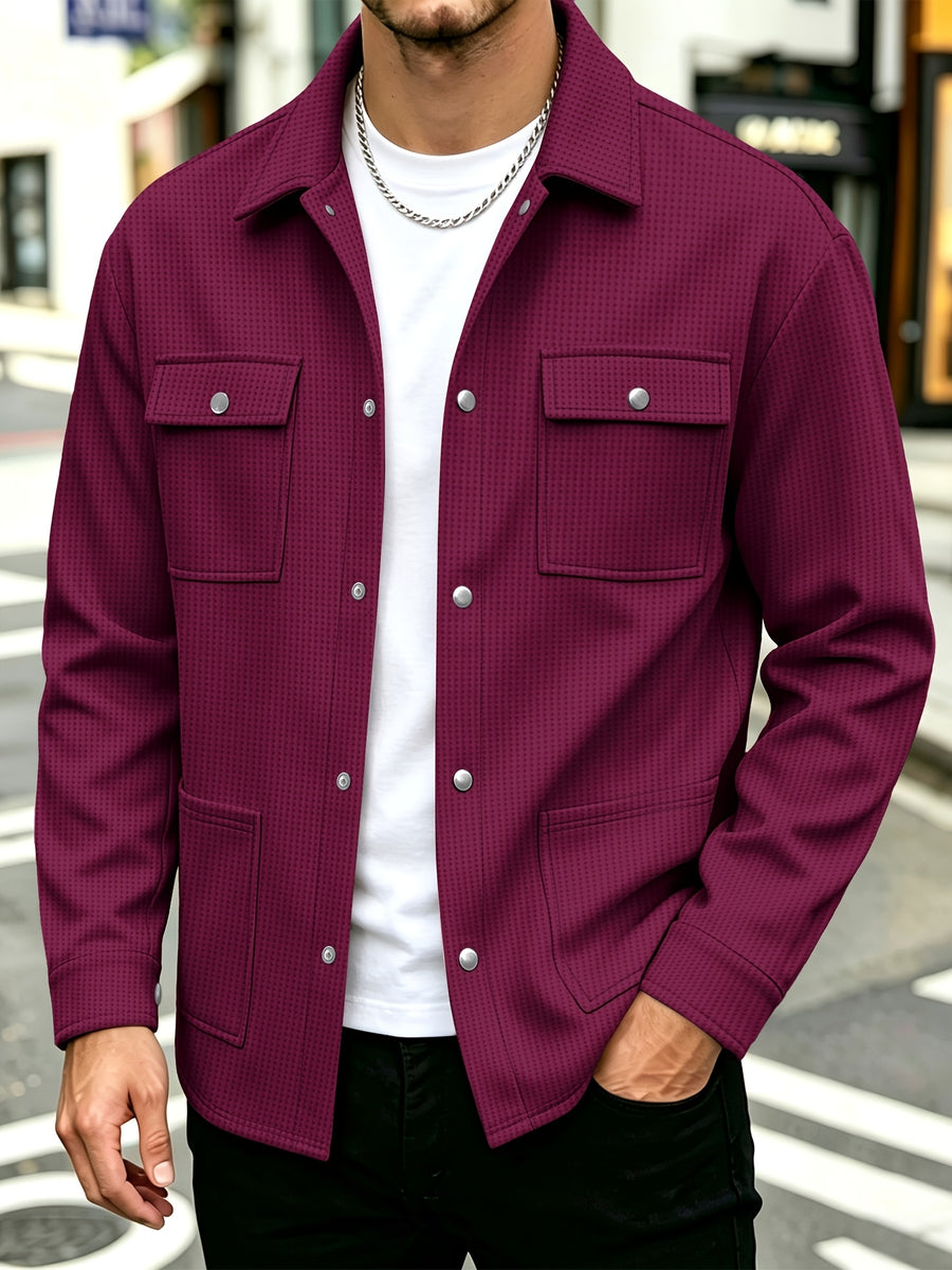 Men'S Waffle-Weave Cargo Jacket, Lapel Button-Up Multi-Pocket Cardigan, Spring Autumn Loose Casual Shirt Coat - Burgundy