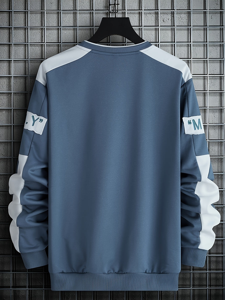 1pc Men's Casual Sportswear Top, Pullover Fashion Long Sleeve, Suitable for Spring and Autumn Outdoor Daily Running, Color-Block Letter Men's Sweatshirt - Blue