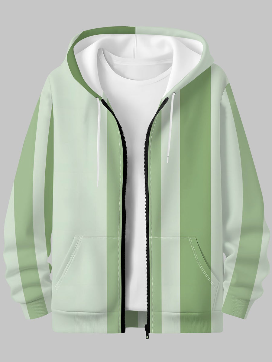 Men'S Autumn Winter Zipper Hooded Sweatshirt Gradient Green Pinstripe Background Print Casual All-Match Top - Mixed colors