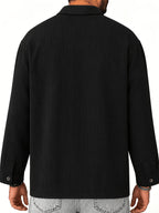 Men's Vintage Lapel Long Sleeve Shirt, Vertical Ribbed Minimalist Solid Knit Top, Versatile Casual Wear - Black