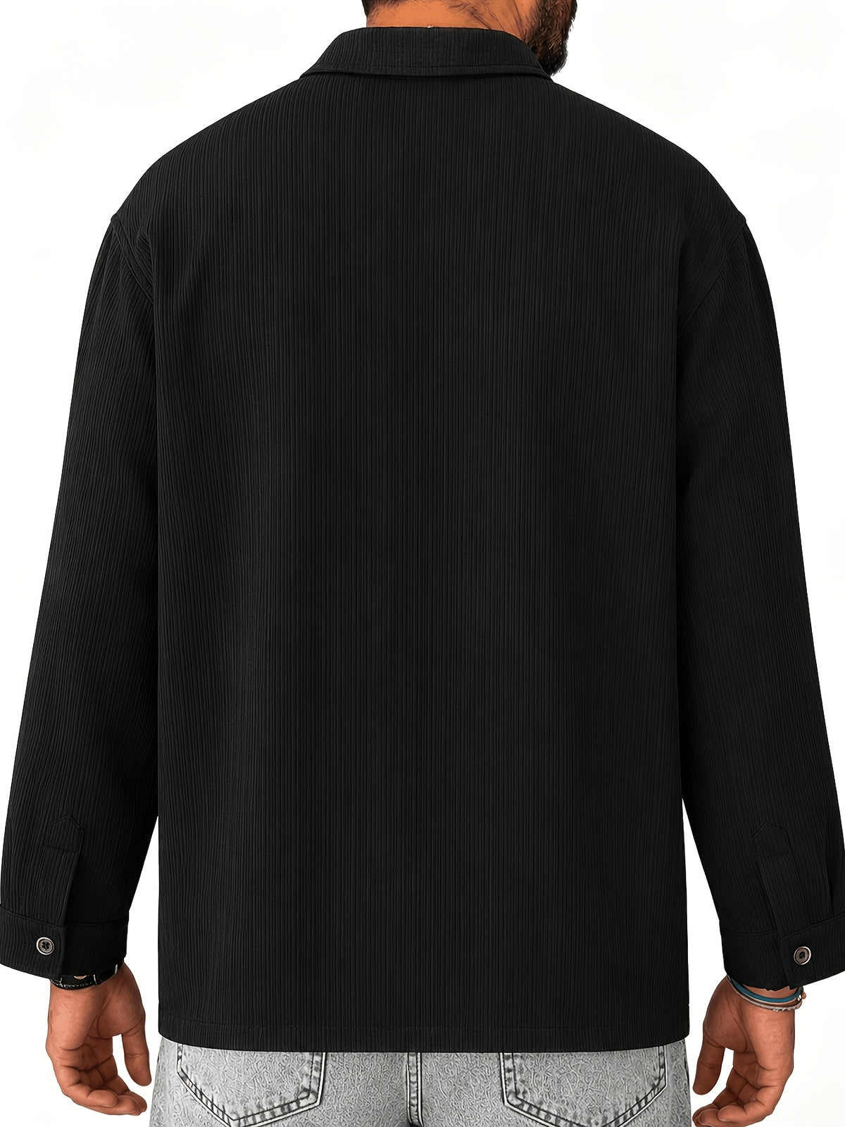 Men's Vintage Lapel Long Sleeve Shirt, Vertical Ribbed Minimalist Solid Knit Top, Versatile Casual Wear - Black