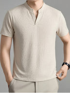 Men's Summer Short-Sleeve T-Shirt, Featuring a Stand-up Collar and Henry Collar Dual Design, with a Comfortable Texture Suitable for Both Business and Casual Wear - Raw Hemp Color