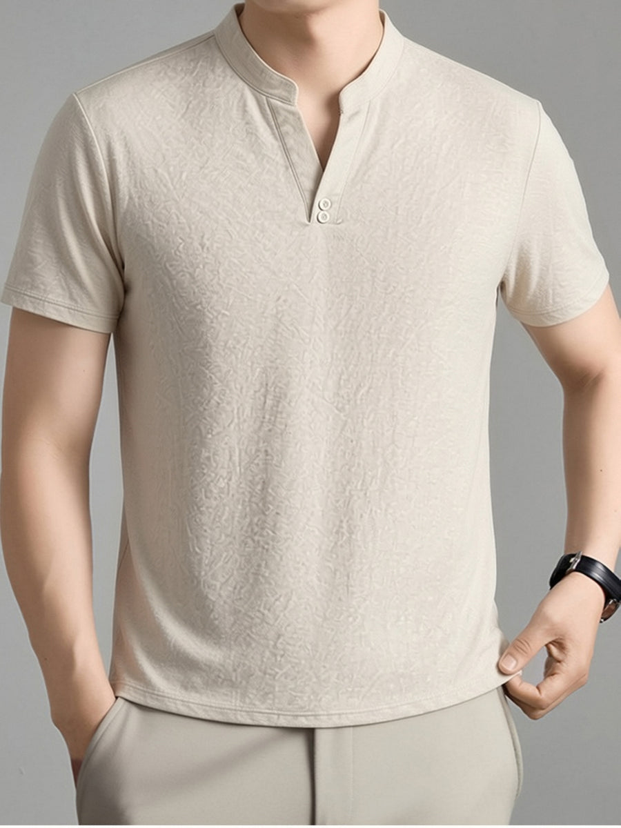 Men's Summer Short-Sleeve T-Shirt, Featuring a Stand-up Collar and Henry Collar Dual Design, with a Comfortable Texture Suitable for Both Business and Casual Wear - Raw Hemp Color