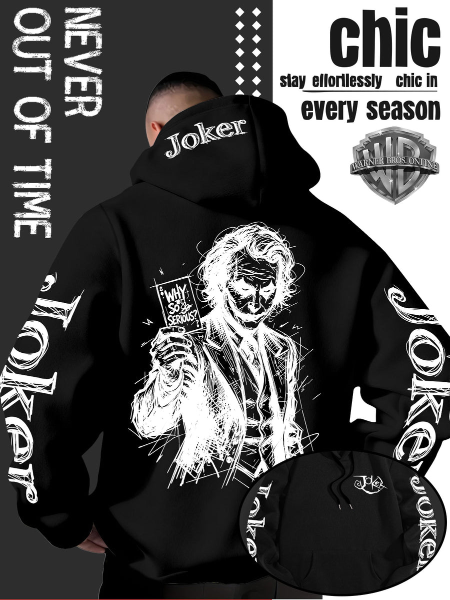 WB Warner Bros. Official Licensed Men's Joker Hooded Sweatshirt - Iconic Joker Portrait Print Hoodie, Soft Pilling-Resistant Fabric, Loose Fit Streetwear Pullover Suitable for Autumn/Winter, Machine Washable for Home, Outings & Joker-Themed Apparel - Black