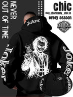 WB Warner Bros. Official Licensed Men's Joker Hooded Sweatshirt - Iconic Joker Portrait Print Hoodie, Soft Pilling-Resistant Fabric, Loose Fit Streetwear Pullover Suitable for Autumn/Winter, Machine Washable for Home, Outings & Joker-Themed Apparel - Black
