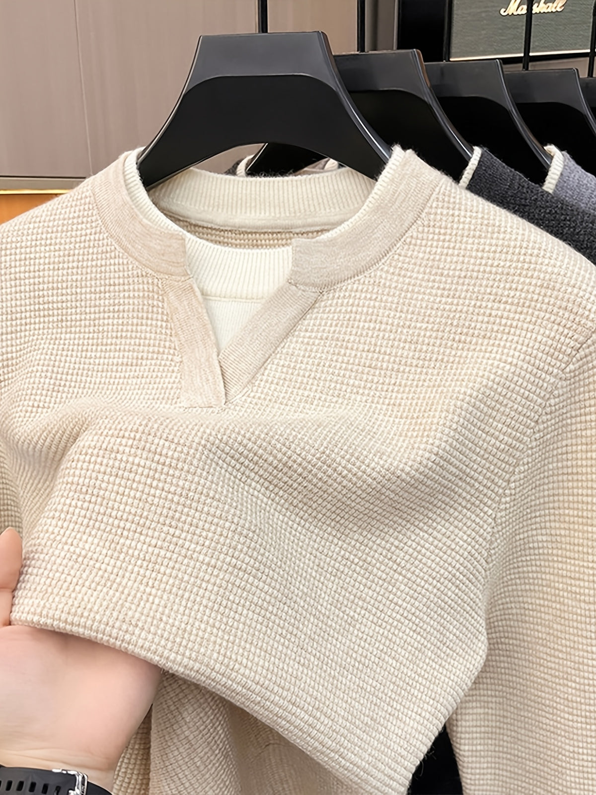 Men's Small V-Neck 2-in-1 Look Waffle Knit Textured Fabric Color-Blocked Double-Layer Neckline Soft, Warm, and Cozy Pullover Top for Spring and Autumn Casual Layering - Beige Color