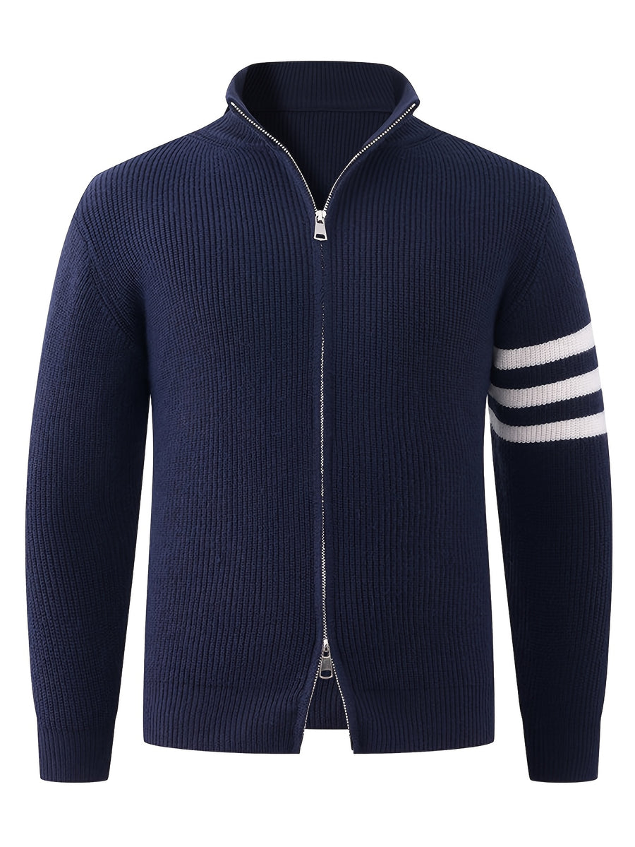 Autumn/Winter New Arrival Half-Turtleneck Striped Knit Cardigan Sweater for Men, Relaxed Style Pullover Jacket Top - Navy Color