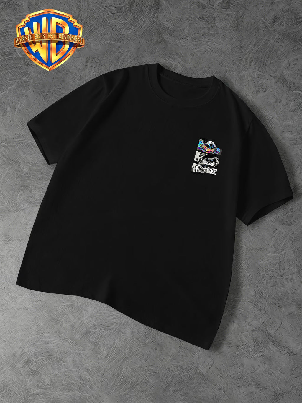 Warner Bros. Official Men's Casual T-Shirt with Double-Sided Print, Featuring a Spliced  Character Streetwear Graphic. Breathable and Comfortable, Versatile for Casual Wear. Print Is Durable, Crack-Resistant, Machine Washable, and Fade-Resistant. - Black